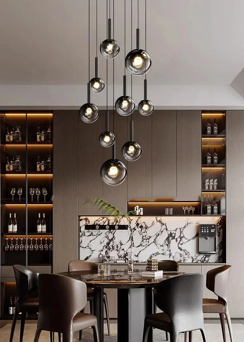 Moonlight Globes Glass Stone Pendant Chandelier – Modern Staircase Light Fixture-MinimalisticDecor.com