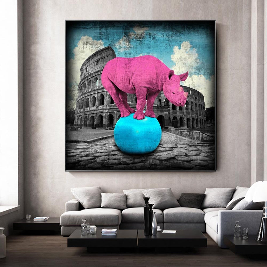Pop Art Animal Canvas Painting - Elephant and Rhino Wall Art-MinimalisticDecor.com