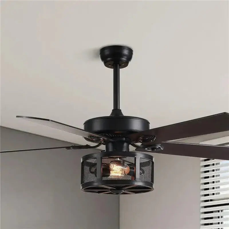 Retro Black Ceiling Fan Drum Style Wood Blades-MinimalisticDecor.com