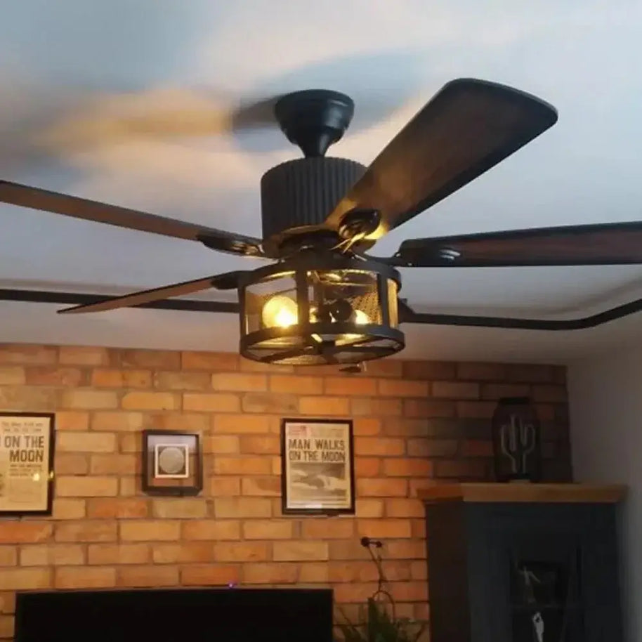 Retro Black Ceiling Fan Drum Style Wood Blades-MinimalisticDecor.com