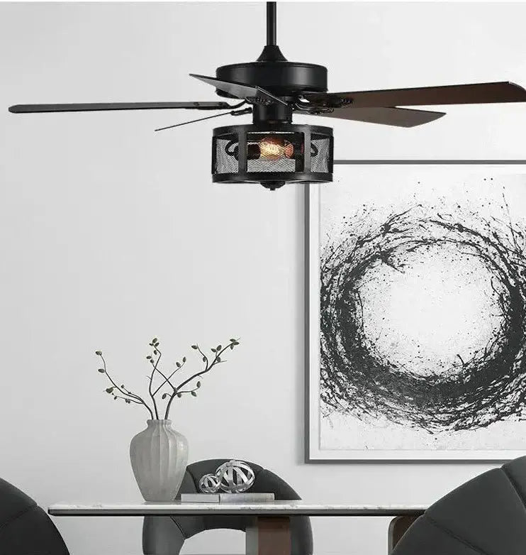 Retro Black Ceiling Fan Drum Style Wood Blades-MinimalisticDecor.com