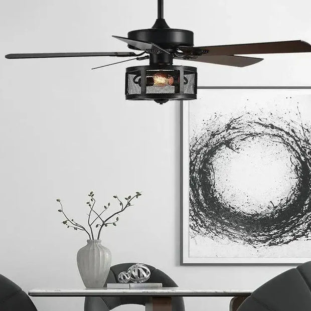 Retro Black Ceiling Fan Drum Style Wood Blades-MinimalisticDecor.com