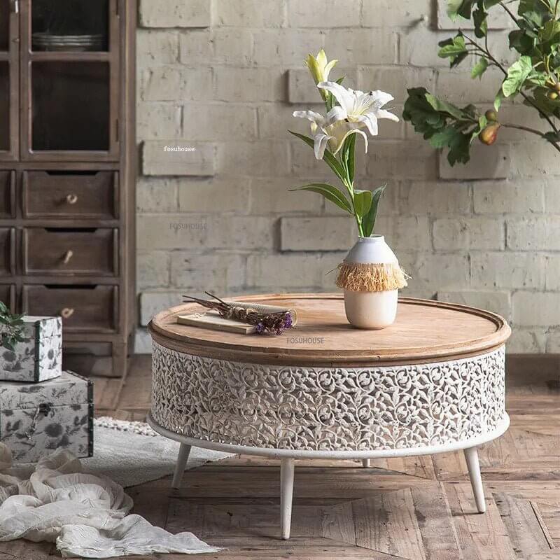 Retro Round Pine Wood Coffee Table Set of 3-MinimalisticDecor.com