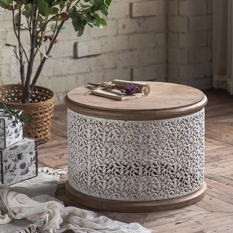 Retro Round Pine Wood Coffee Table Set of 3-MinimalisticDecor.com