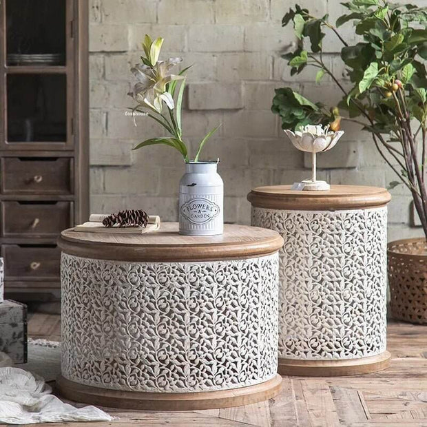 Retro Round Pine Wood Coffee Table Set of 3-MinimalisticDecor.com