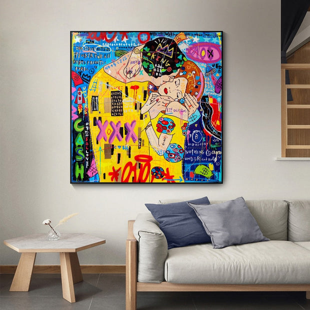 Street Graffiti The Kiss Art Reproduction Canvas Print-MinimalisticDecor.com