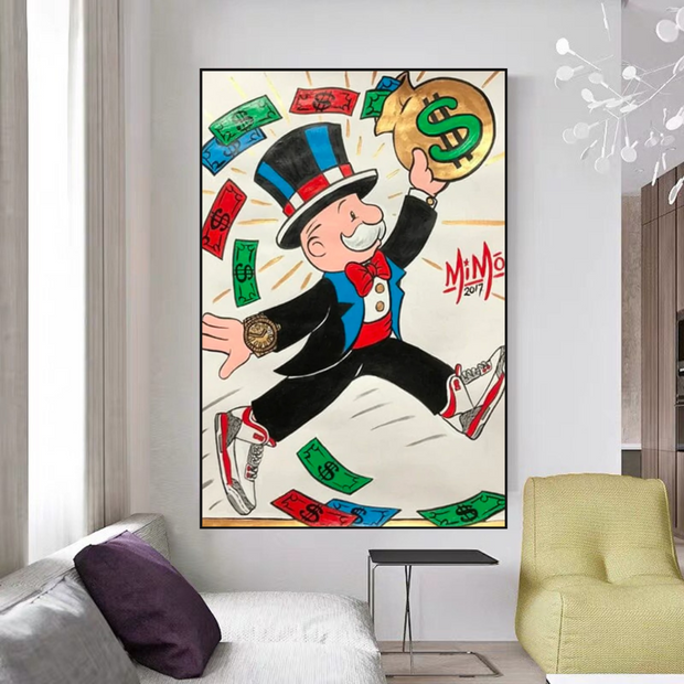 Vintage Alec Monopoly with money flying Canvas Wall Art-MinimalisticDecor.com