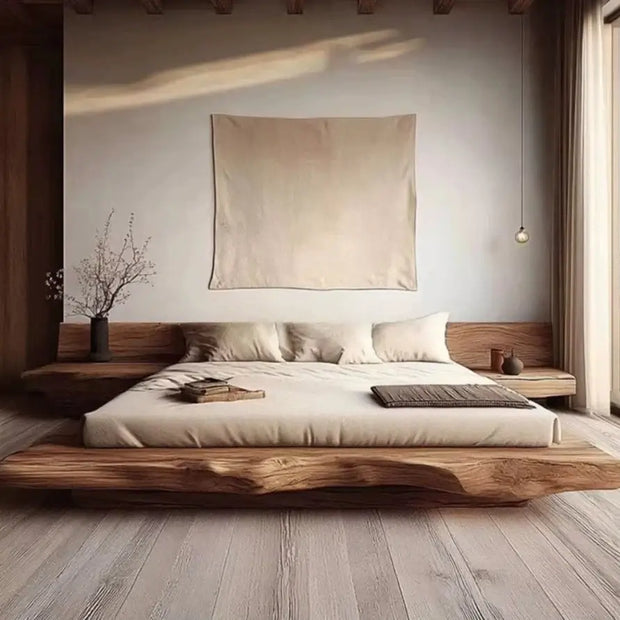 Wabi-Sabi Solid Camphor Wood Bed Frame – Full Set with Attached Sides-MinimalisticDecor.com