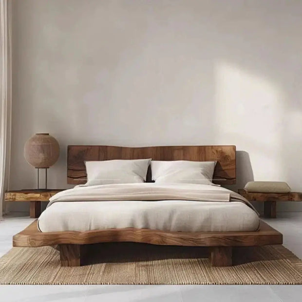 Wabi-Sabi Solid Camphor Wood Bed Frame with Attached Sides – Minimalist Platform Design-MinimalisticDecor.com